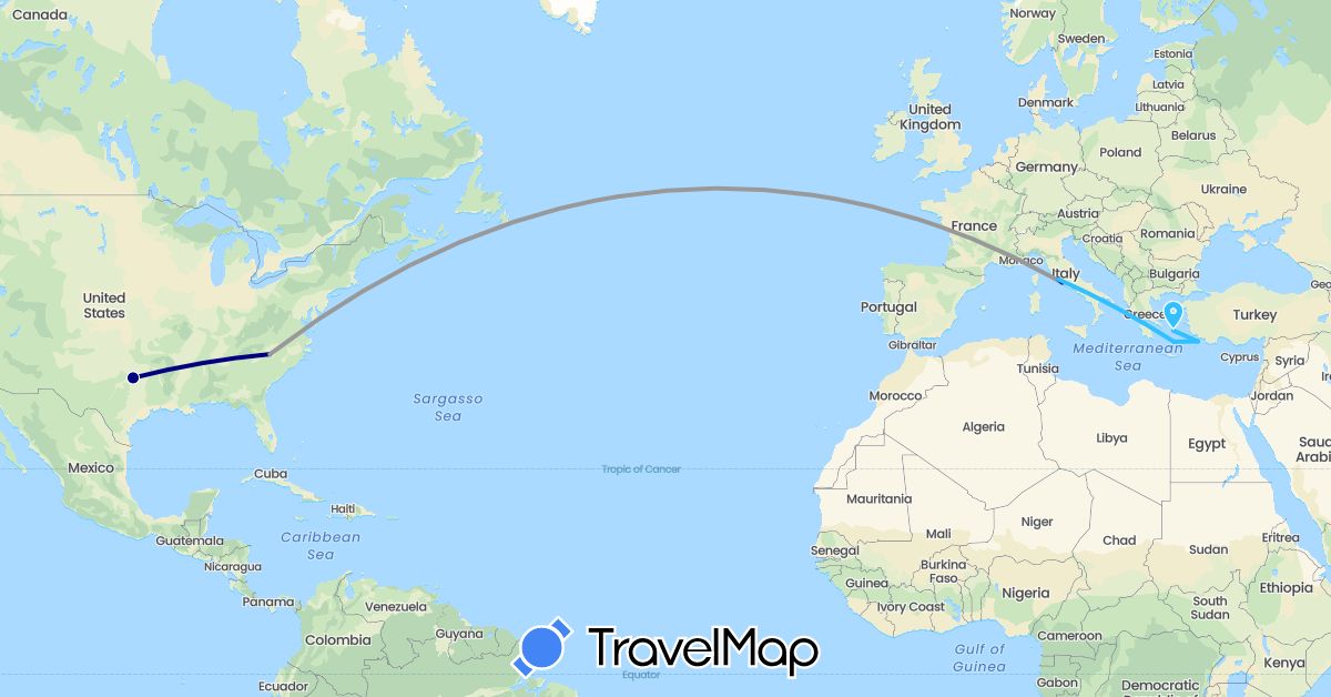 TravelMap itinerary: driving, plane, boat in Greece, Italy, United States (Europe, North America)